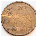 Norway 1967 Olav V, 5 ORE coin 27mm