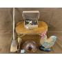 Picnic Basket, Wooden Rooster & Kitchenware