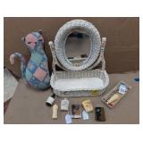 WICKER DRESSER ORGANIZER W/MISC ITEMS