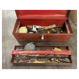 TOOL BOX W/CHAIN SAW SHARPENER & MISC TOOLS