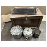 WOODEN BOX W/GRIDDLE & CAMP DISHES