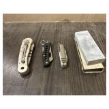 3 POCKET KNIVES & SHARPENING STONE