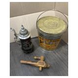 BEER STEIN, VINTAGE CONTAINER & WOOD BARREL TAP