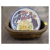VINTAGE SERVING PLATTER & WICKER BASKET