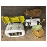 SERVING PLATTERS, KNIFE SHARPENER & TOASTER