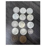 11 SILVER HALF DOLLARS & 3 MISC COINS