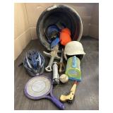 PLASTIC TUB W/BICYCLE HELMETS & TOYS