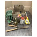 WOODEN CRATE W/SEEDER, LOPPERS & SPRAYER