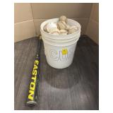 BUCKET OF BASEBALLS & BASEBALL BAT