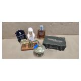 VINTAGE COLOGNE BOTTLES, FIRST AID KIT & SCALE