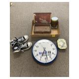 CONVERSE ALL STARS SIZE 4, TINS & MOBILE CLOCK