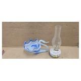 VINTAGE HAND BLOWN GLASS SWAN BOWL & OIL LAMP