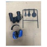 BINNOCULARS, EAR MUFFS & METAL TARGET