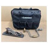 TOOL BAG W/WOOD PLANE & HAND DRILL