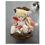 VINTAGE DOLL & WOOD CRADLE