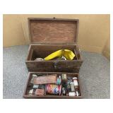 WOODEN BOX W/MISC TOOLS & SUPPLIES