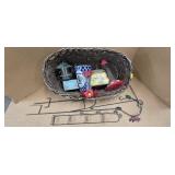 WOVEN BASKET W/HUMMINGBIRD FEEDER & MISC ITEMS