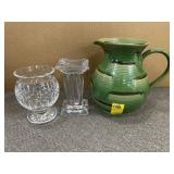 POTTERY PITCHER & 2 CRYSTAL VASES