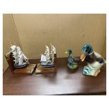 SHIP BOOK ENDS & DUCK FIGURINES