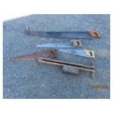 (5) vintage Hand Saws & Seeder etc