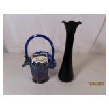 (2pcs) Fenton 6" Purpleish Basket + Black 8" Vase