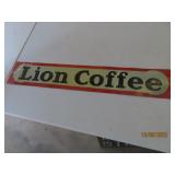 antique LION COFFEE thin tin Metal 28"x5" Sign
