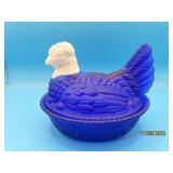 Cobalt Blue w WhiteHead Glass 5.5" Covered Chicken