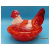 Red/White Slag WM Glass 5.5" Covered Chicken Dish