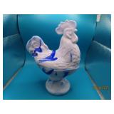7" Blue/White SlagType Glass Covered Rooster Dish