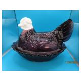FENTON 8" Purple & White Head CHICKEN Covered Dish
