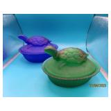 (2) Blue & Green 6" Glass Covered TURTLE Bowls