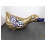 12" Pottery Mexico Brass Feather Duck Statue Decor