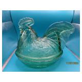 Aqua Clear Blue 9" Covered Hen Chicken Dish