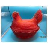 Reddish Yellow 9" Covered Chicken Dish signed