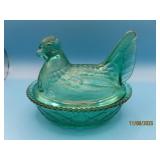 Aqua GreenishBlue Glass 5.5" Covered Chicken Dish
