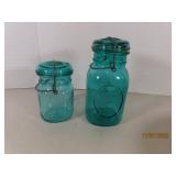 (2) vtg Teal Blue 8"/5" Decor Canning Jars