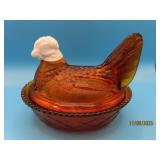 Orangish whitehead Glass 5.5" Covered Chicken Dish