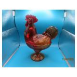 6" vtg Reddish Glass Rooster Covered Dish