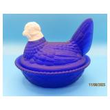 Cobalt Blue w WhiteHead Glass 5.5" Covered Chicken