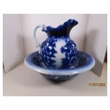 Antique Flow Blue 15" Pitcher & Bowl SET *flake*