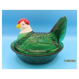 Green w/ WhiteHead Glass 5.5" Covered Chicken Dish