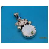 Sterling SAJEN MOP Flower +Gemstone 2" Pendant 27g