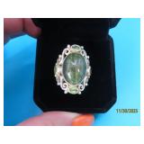 Sterling FilagreeRim Green Stone sz5 Ring 9.9g