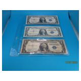 (3) c1930s US $1 Silver Certificates Bills blue