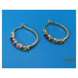 Sterling 3gemstone 1" Hoop goldtone Earrings