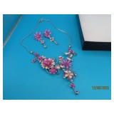 New Pink Flower Bling Stones Necklace Earring SET