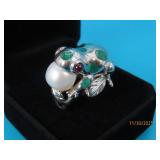 Sterling FROG Pearl & Malachite Inlay sz6 Ring 14g