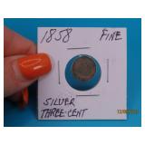 1858 Silver US 3cent Piece Coin