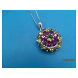 Sterling 17" Necklace Grn/Purple Flower Pndt 6.5g
