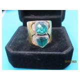 Sterling Double Green Stone Inlaid sz5.25 Ring 11g
